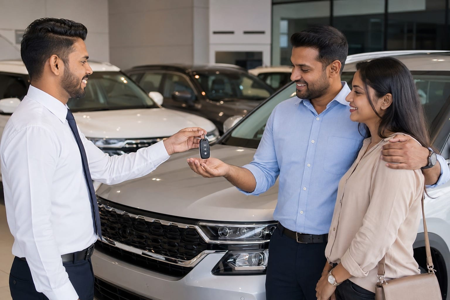 Happy customers receiving keys in the QZERO showroom